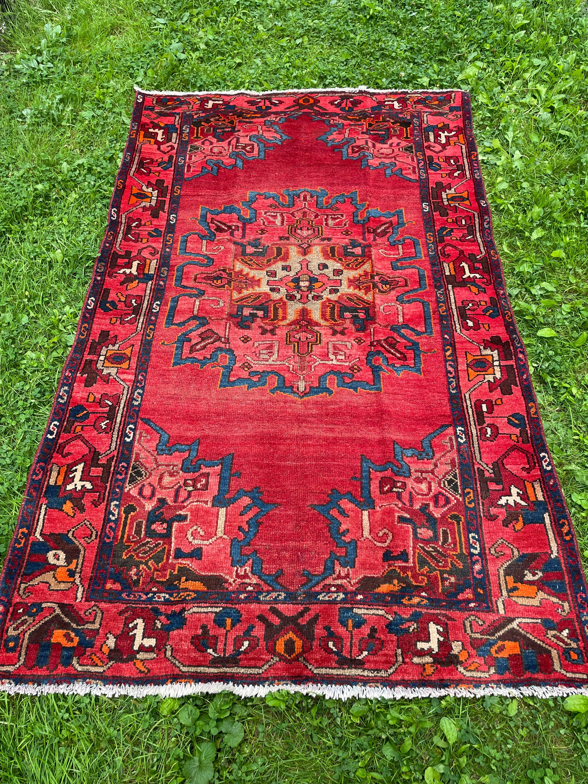 Vintage 6’ 4 “ x 3’ 9” ft. Geometric Persian red pink area rug. Hand-Knotted Soft Wool