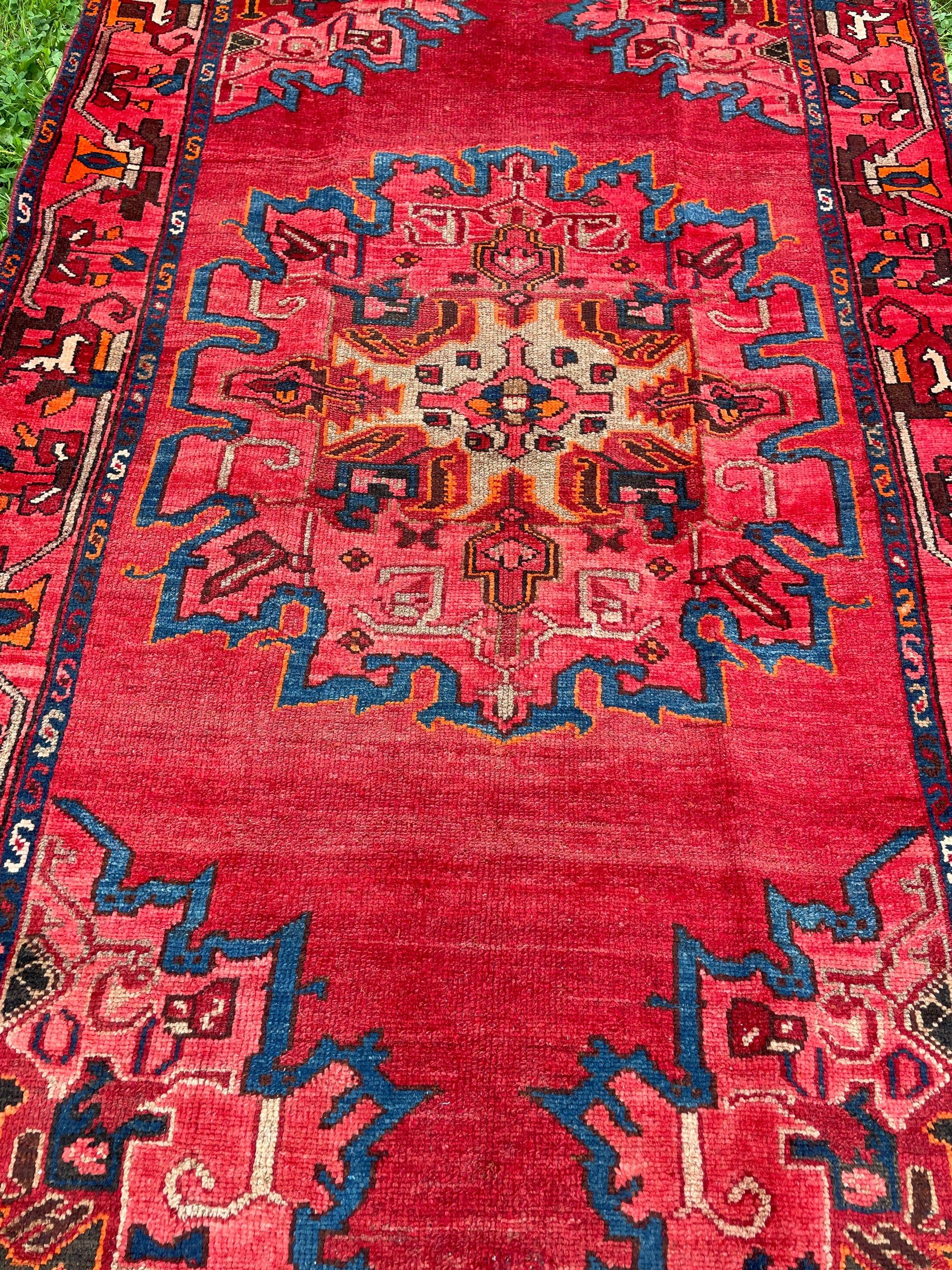 Vintage 6’ 4 “ x 3’ 9” ft. Geometric Persian red pink area rug. Hand-Knotted Soft Wool