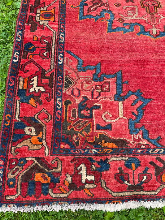 Vintage 6’ 4 “ x 3’ 9” ft. Geometric Persian red pink area rug. Hand-Knotted Soft Wool